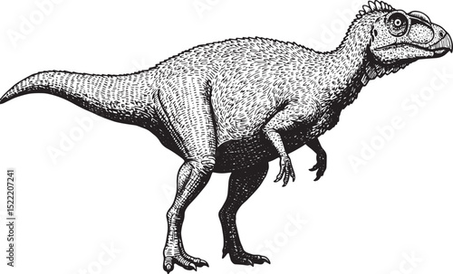 Detailed black and white woodcut illustration of a Compsognathus