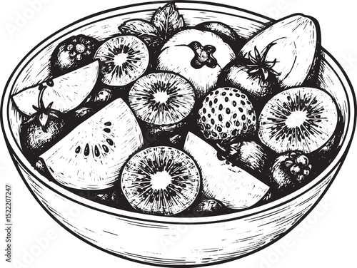 Hand-drawn tropical fruit salad, black and white engraving style