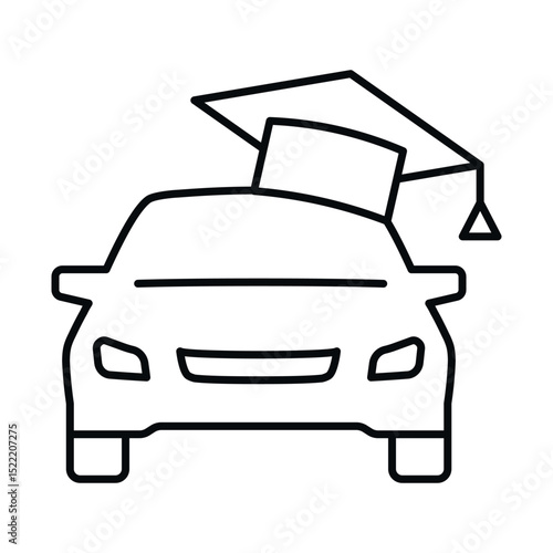 Car driving school icon featuring a graduation cap on a vehicle symbolizing learner success in gaining driving skills