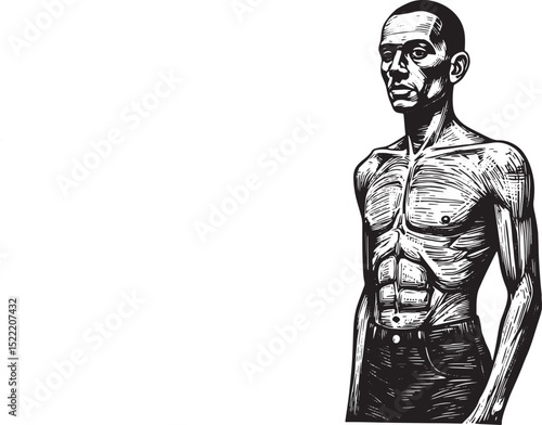 Monochrome Woodcut Illustration of Neutral Person with Muscular