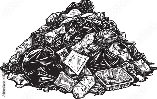 Detailed Woodcut Illustration of a Large Pile of Waste and Trash