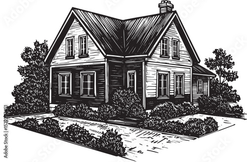 Detailed woodcut illustration of a classic house with a lush gar