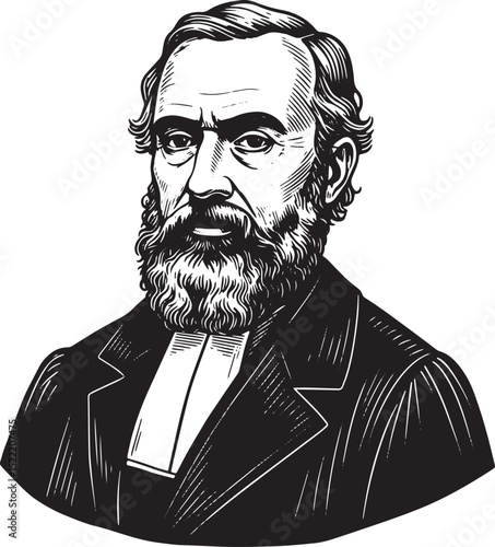 Monochrome woodcut illustration depicts a distinguished figure w