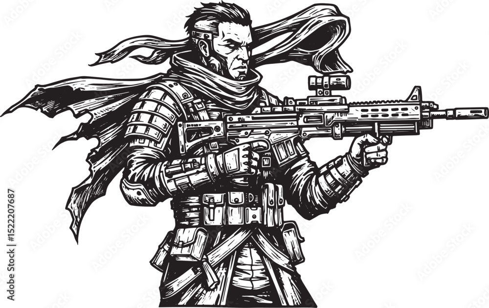 Obraz premium Monochrome Illustration of a Futuristic Soldier Ready for Combat