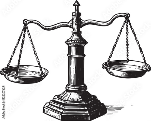 Detailed Woodcut Illustration of Antique Weighing Scales in Blac