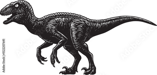 Detailed Woodcut Illustration of an Oviraptor Dinosaur in Black