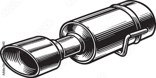 Detailed Woodcut Illustration of a Car Exhaust Pipe in Black and