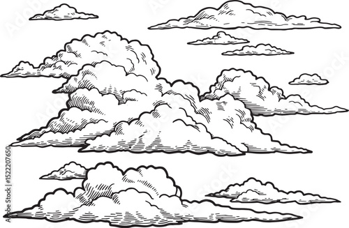 Detailed Woodcut Illustration of Stratus Clouds in a Black and W