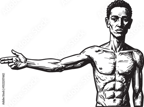 Intense monochrome woodcut illustration of a muscular man aiming