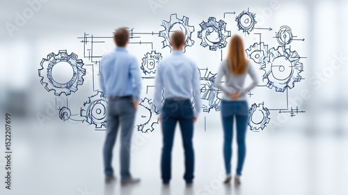 Team viewing gear mechanism sketch, Business concept with gears, Process planning and system thinking illustration
