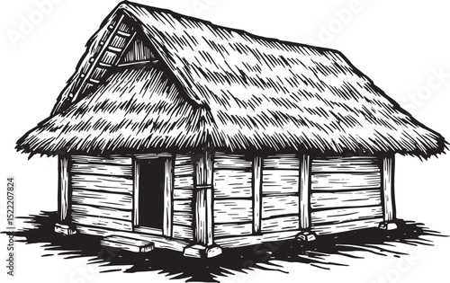 Charming Traditional Hut, A Detailed Black and White Woodcut Ill