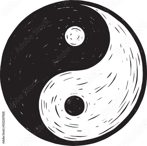 Monochromatic Yin Yang Woodcut Print Illustration on White Backg