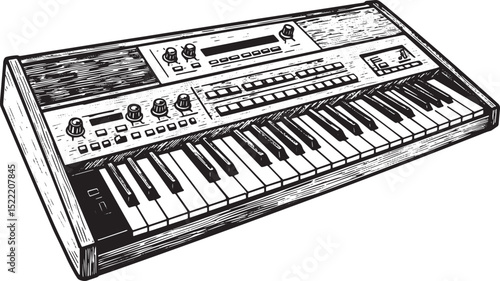 Monochrome Keyboard Illustration, A Woodcut Style Image of Music