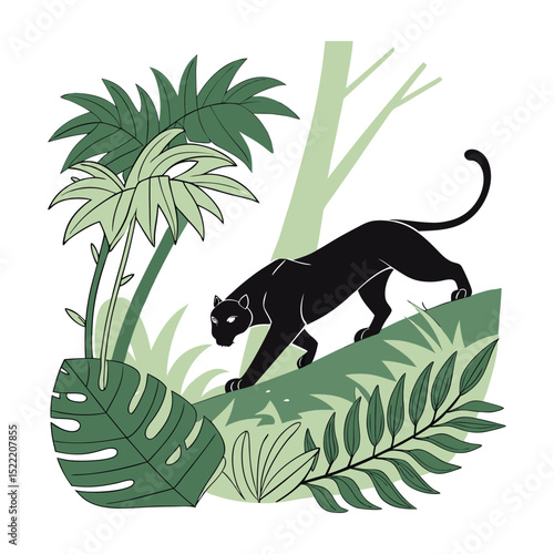 Vector illustration of running wild black animals, including a cat, panther, and a black and white tiger silhouette design