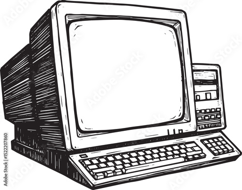 Vintage CRT Monitor Woodcut Illustration in Black and White Styl