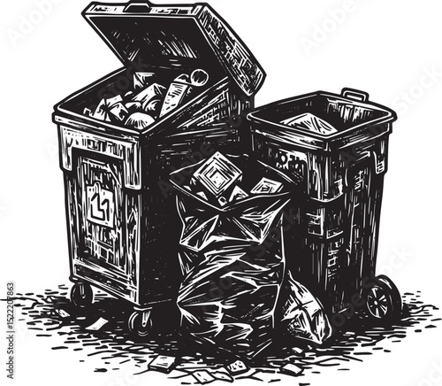 Monochrome Woodcut Style Illustration of overflowing Trash Bins