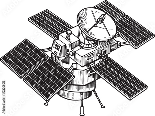 Monochrome depiction of a satellite with solar panels in woodcut