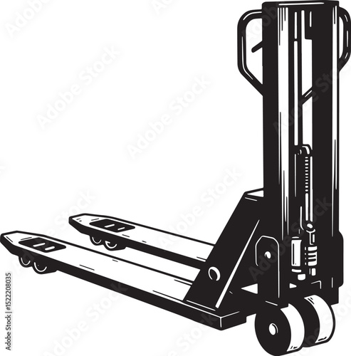 Monochrome woodcut style illustration of a pallet jack for mater