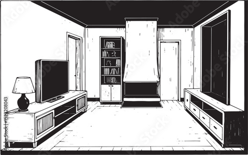 Monochrome Room Interior Illustration with Woodcut Texture Style