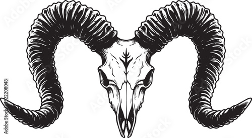Stylized depiction of a horned ram skull with an occult emblem e