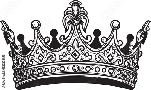 Elegant Black and White Woodcut Illustration of a Royal Crown De
