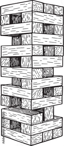 Intricate Jenga Tower Woodcut Illustration in Black and White