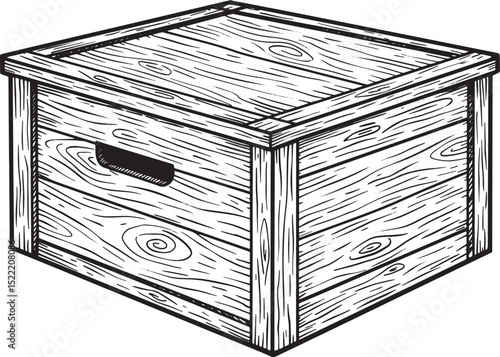 Detailed Woodcut Style Illustration of a Closed Wooden Storage B