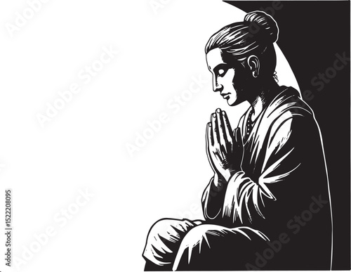 Monochrome Woodcut Illustration of Meditating Figure in Spiritua