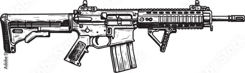 Detailed woodcut style illustration showcases the HK416 assault