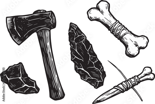Intricate black and white illustration of Stone Age handcrafted