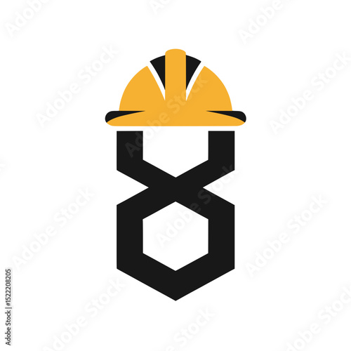 Number 8 Logo with Yellow Construction Helmet, Bold and modern number 8 logo topped with a yellow hard hat, representing construction, industrial work, and safety branding themes.

