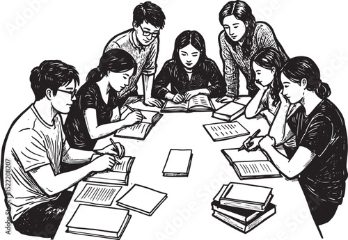 Intense collaborative studying atmosphere: group of students gat