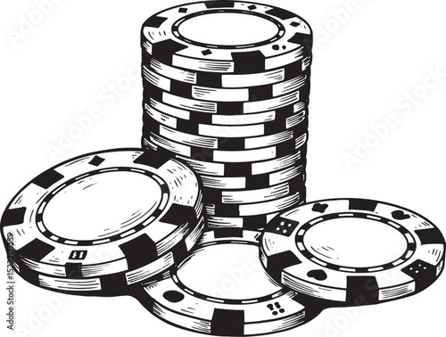 Detailed Illustration of Gambling Chips Stacked with Hand-Drawn