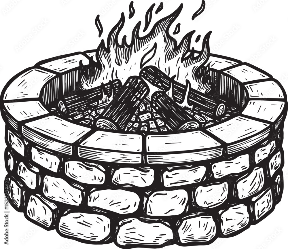 Naklejka premium Monochrome Woodcut Illustration of a Stone Firepit with Burning