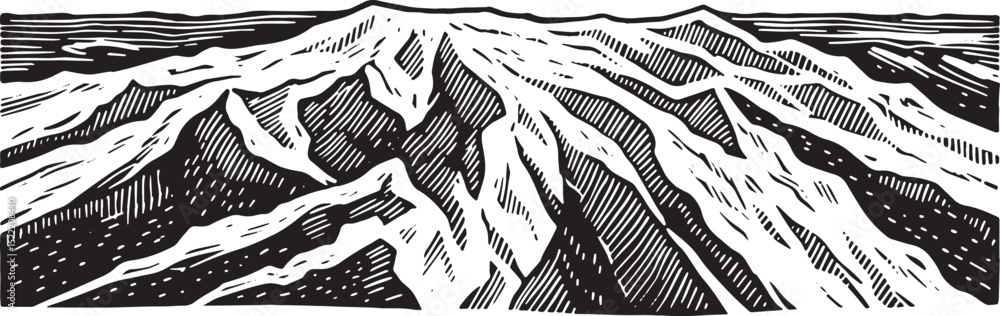 Glacial Mountain Range Hand-Carved Black and White Woodcut Illus Glacial Mountain Range Hand-Carved Black and White Woodcut Illus