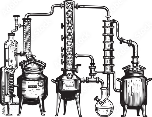 Intricate Woodcut Illustration of Distillation Units and Scienti