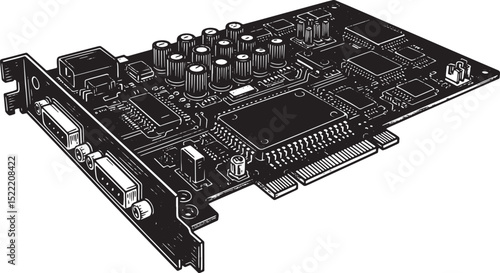 Detailed woodcut illustration of a vintage sound card component