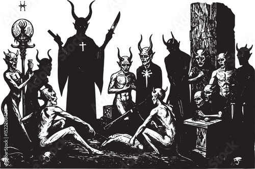 Monochromatic Depiction of a Demonic Ritual with Horned Figures