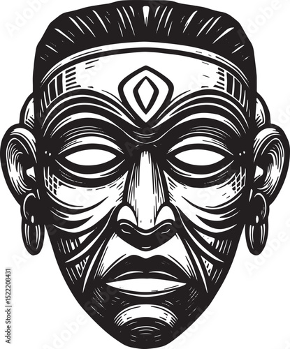 Stylized cultural mask with elaborate details in a black and whi