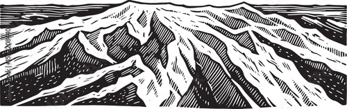 Glacial Mountain Range Hand-Carved Black and White Woodcut Illus