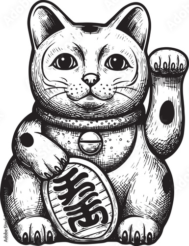 Elegant Woodcut Illustration of a Lucky Cat Symbolizing Prosperi