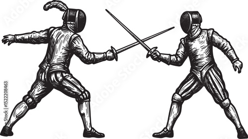 Renaissance Era Fencing Match Illustration in Black and White Wo