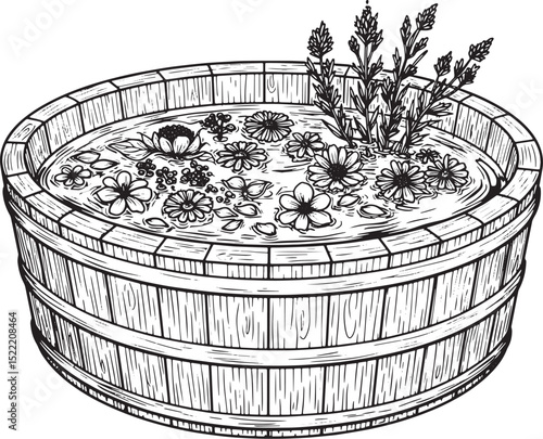 Elegant Woodcut Illustration of a Herbal Bath with Floating Flow