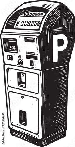 Monochrome depiction of a parking meter with woodcut inspired te