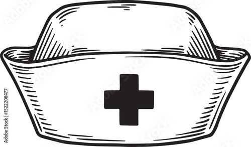Vintage style nurse cap with red cross, black and white woodcut