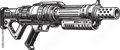 Stylized Laser Rifle Illustration Black and White Woodcut Sci-Fi