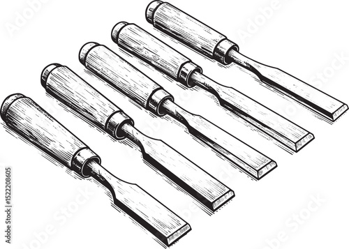 Detailed black and white illustration of a set of vintage woodwo