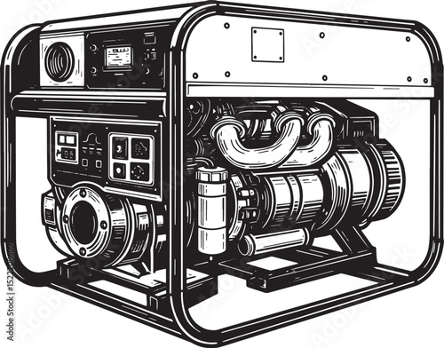 Monochrome power generator illustration, detailed mechanical equ