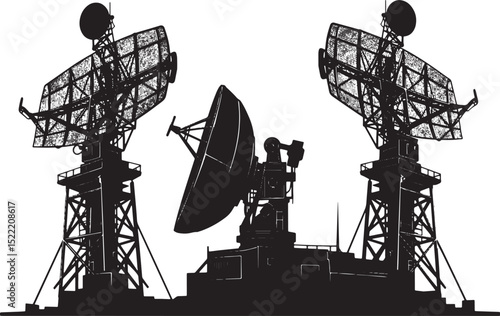 Silhouette of Radar Communication Systems Station in Woodcut Sty