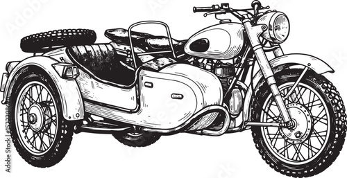 Monochrome woodcut illustration showcasing a vintage sidecar mot